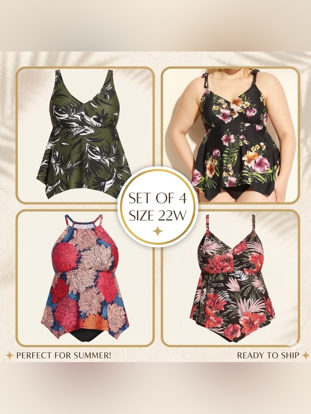 Kona Sol Bundle Plus Size Swim Top Tankini - 22W - Floral Tropical Leafy Halter